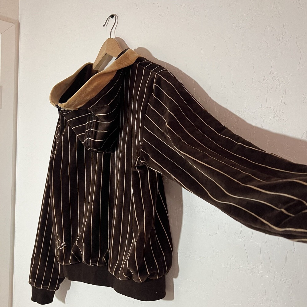 Stussy Velour Waffle Lined Zip Up Jacket Coat Stripe Y2K Zippered Hood Sz Large - Picture 9 of 16